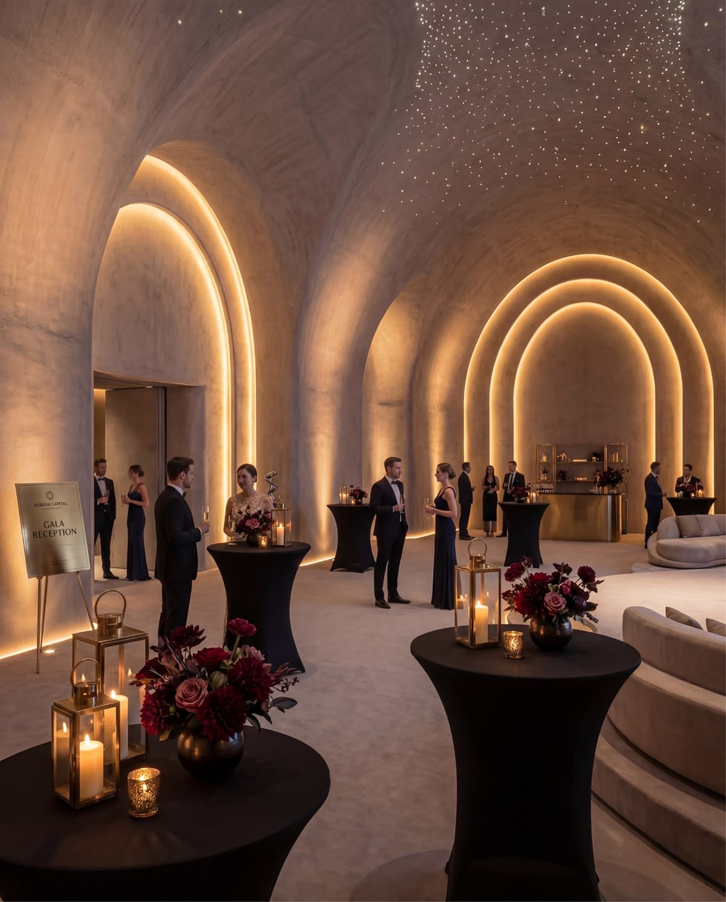 Un salon d'hôtel silencieux à la tombée du jour