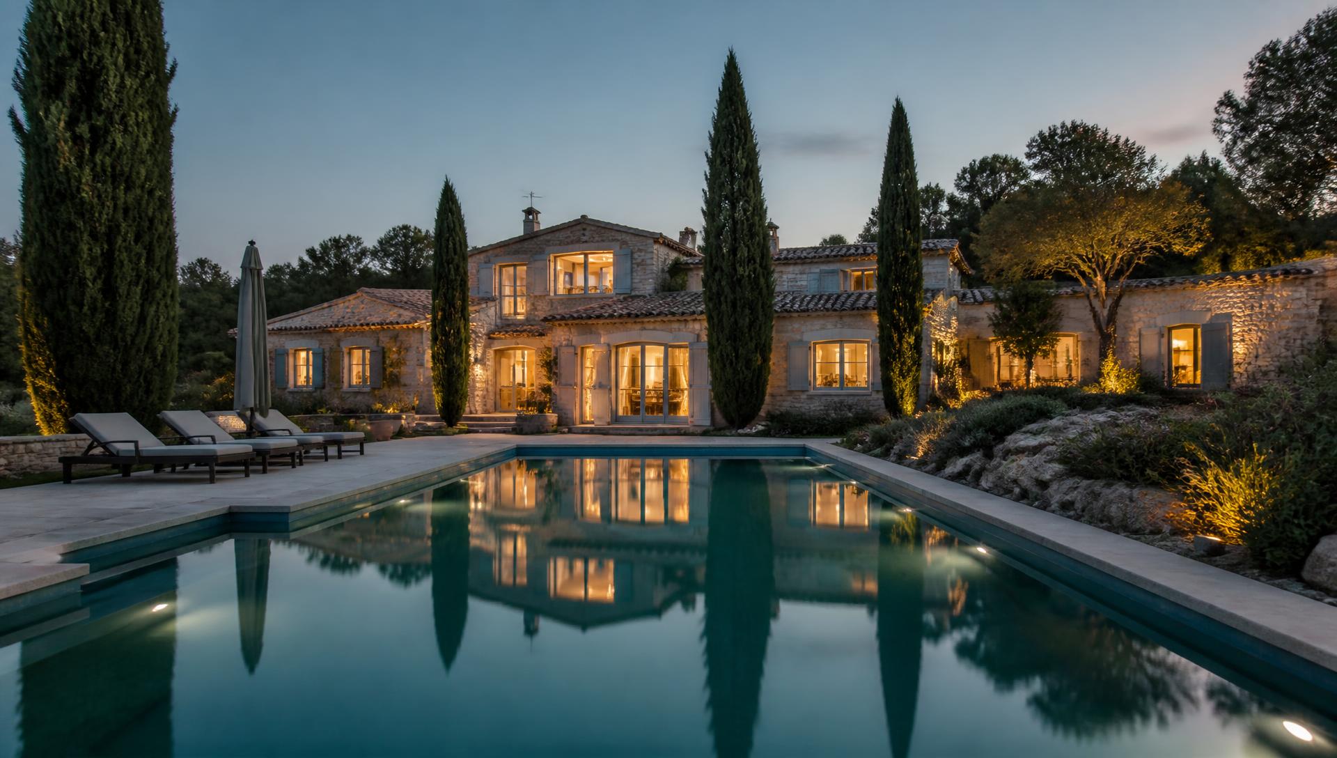 Une villa privée au petit matin, volets ouverts