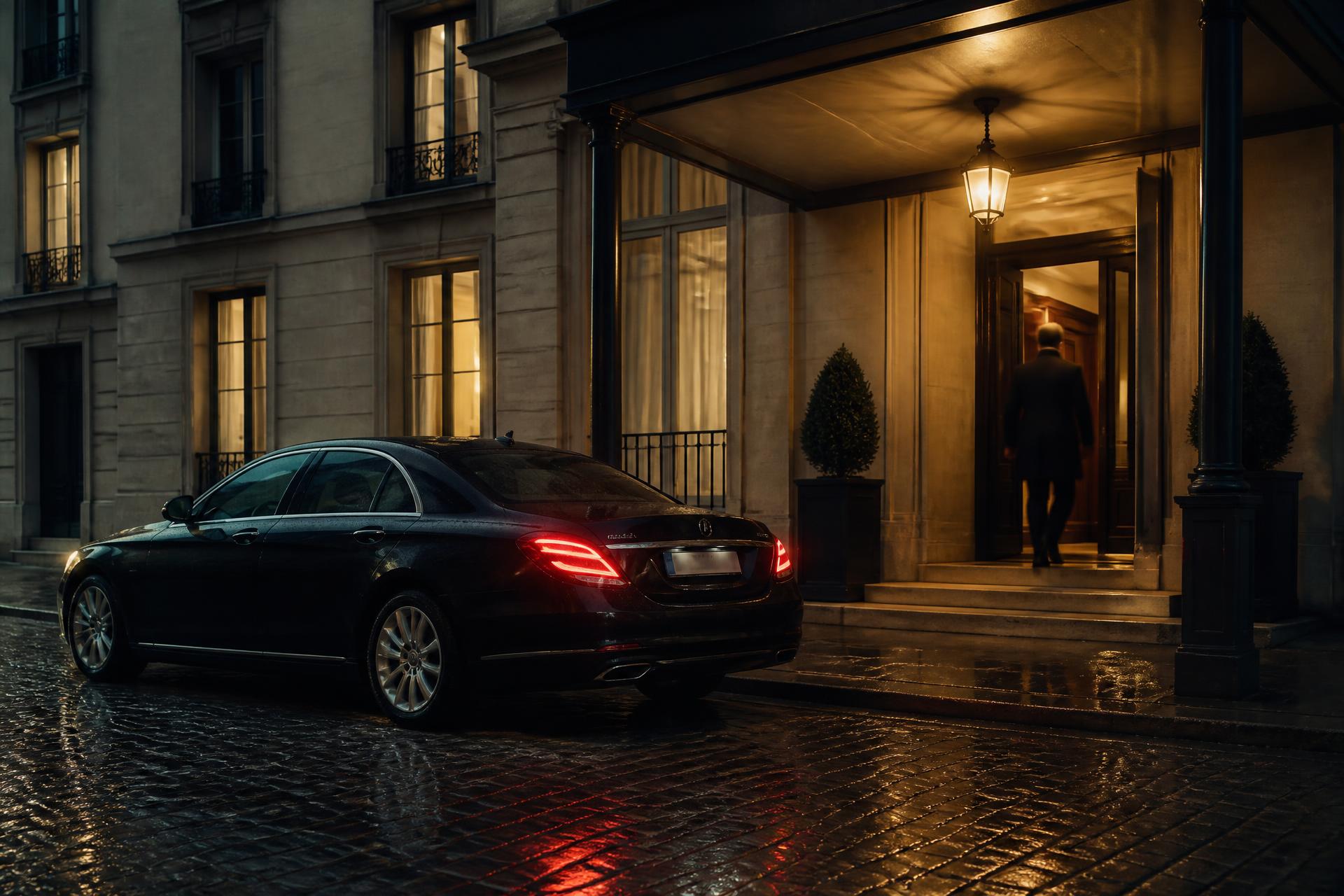 Arrivée en ville au crépuscule, voiture sombre sous le porche d’un hôtel particulier